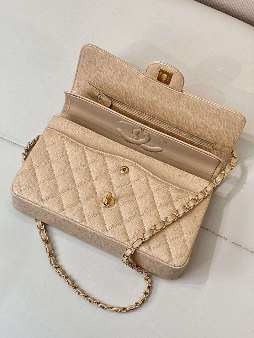 Chanel A01112 Flap Classic 11.12 Handbag Calfskin Sewing Edge Apricot