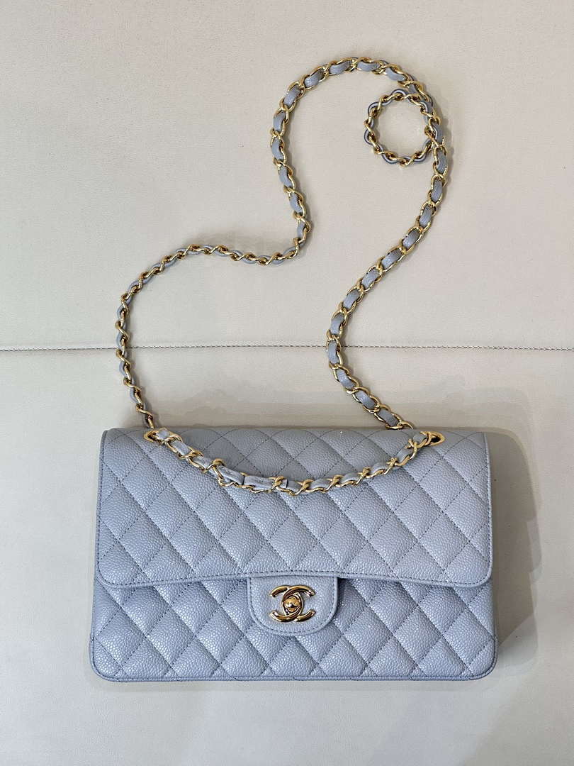 Chanel A01112 Flap Classic 11.12 Handbag Calfskin Sewing Edge Haze Blue - Gold - View 1