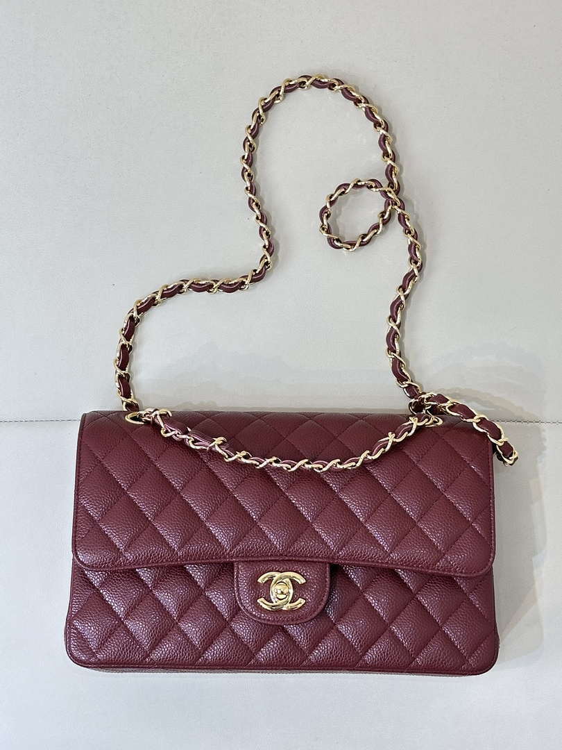 Chanel A01112 Flap Classic 11.12 Handbag Calfskin Sewing Edge Wine Red - Gold - View 1