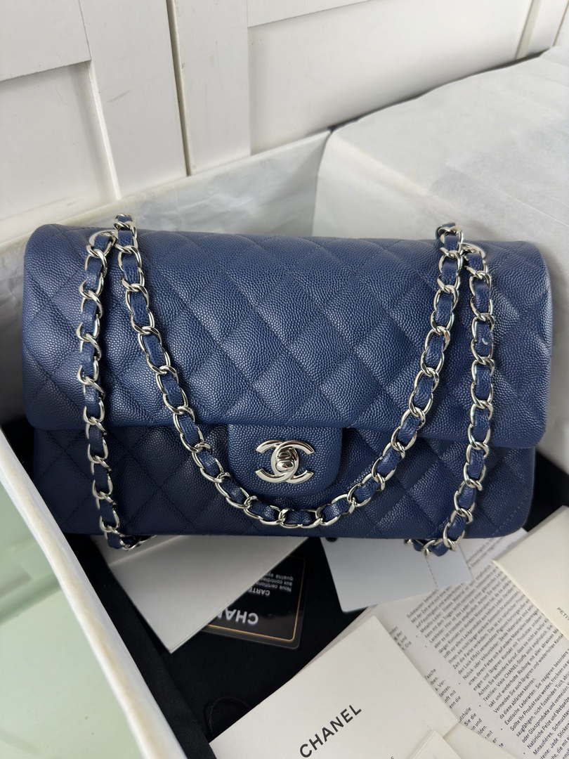 Chanel A01112 Flap Classic 11.12 Handbag Calfskin & Light Gold-Tone Metal Dark Blue