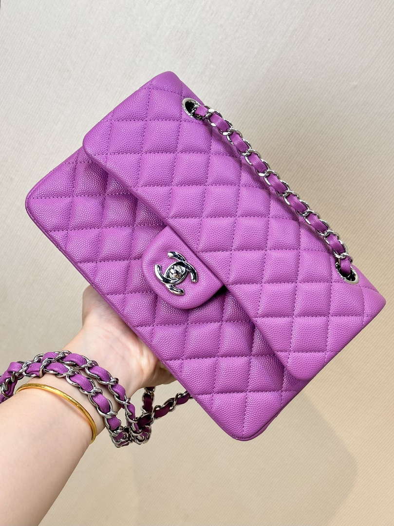 Chanel A01112 Flap Classic 11.12 Handbag Calfskin Silver Tone Metal Purple - Default Title - View 1