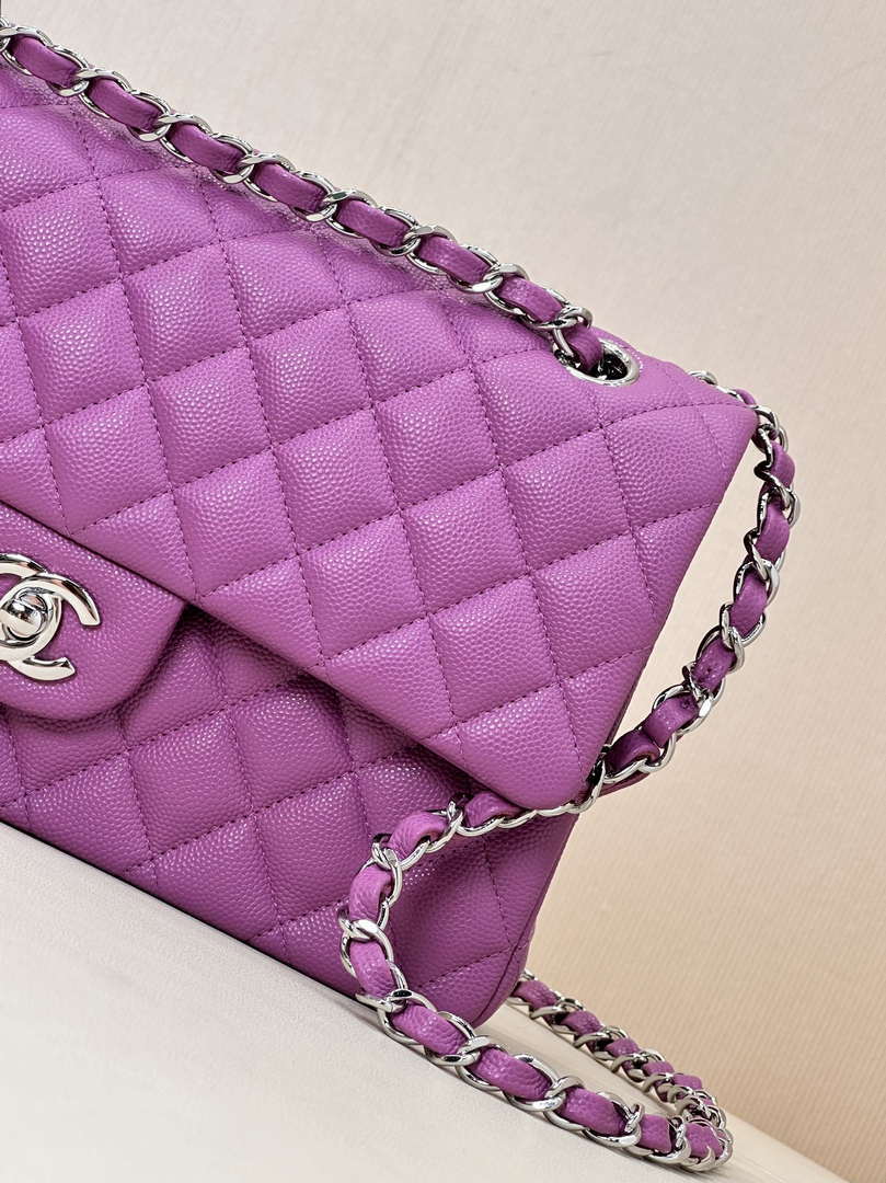Chanel A01112 Flap Classic 11.12 Handbag Calfskin Silver Tone Metal Purple
