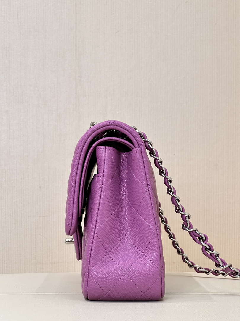 Chanel A01112 Flap Classic 11.12 Handbag Calfskin Silver Tone Metal Purple