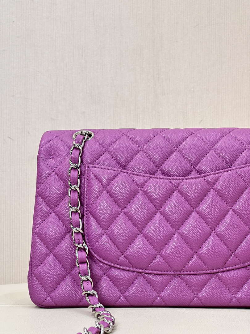 Chanel A01112 Flap Classic 11.12 Handbag Calfskin Silver Tone Metal Purple