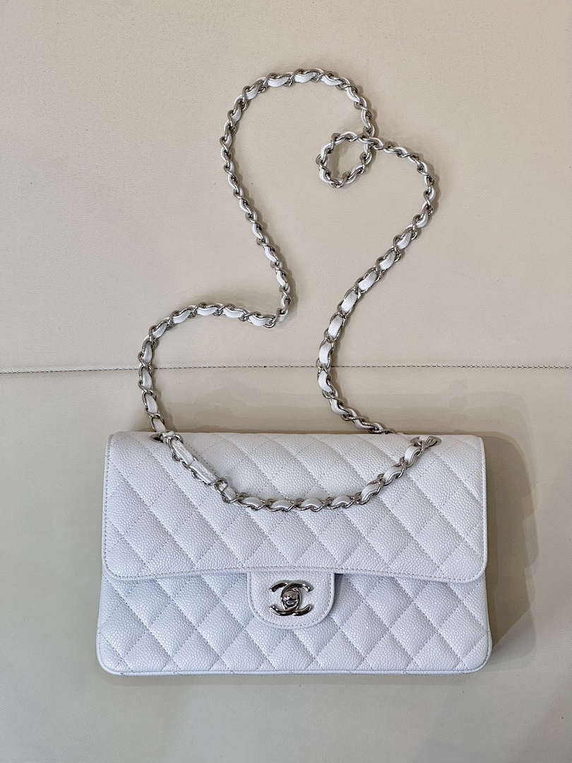 Chanel A01112 Flap Classic 11.12 Handbag Calfskin Silver Tone Metal White