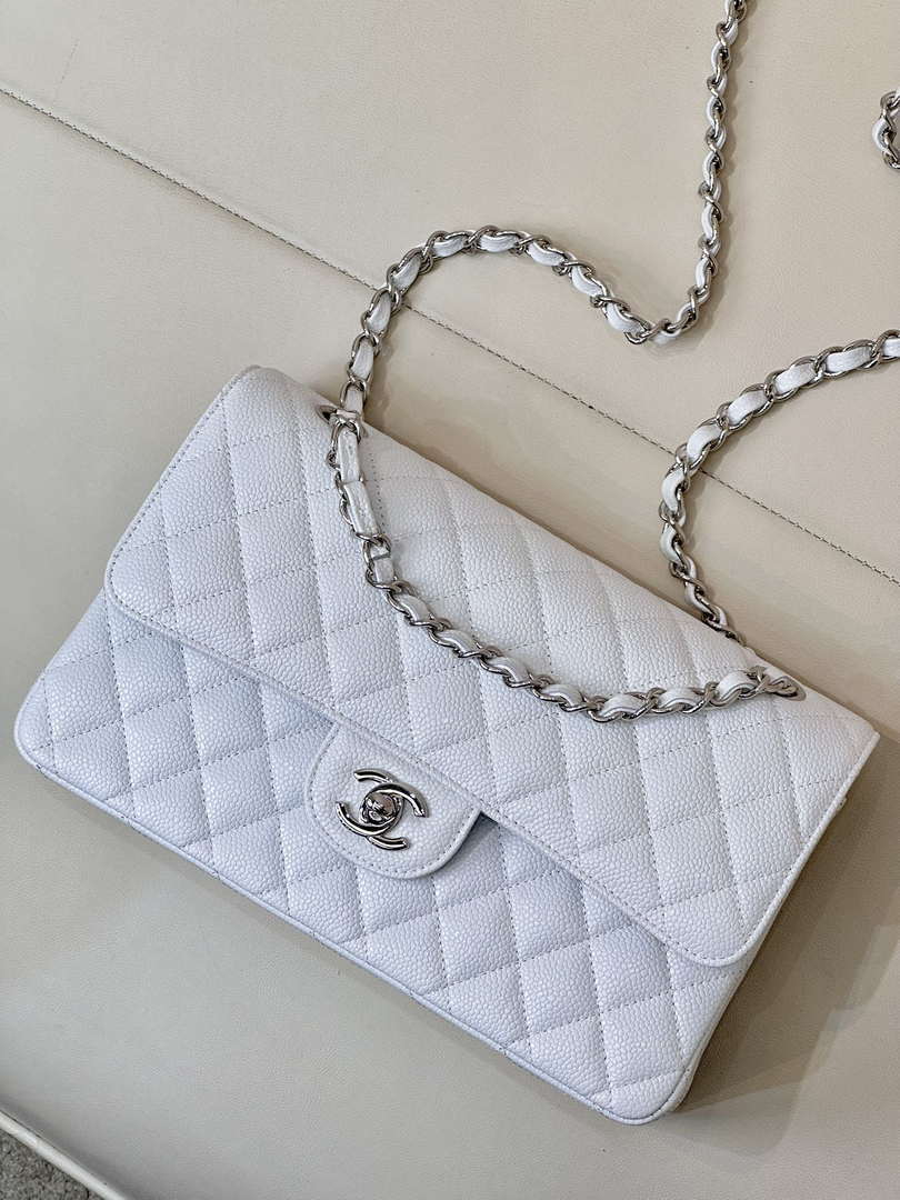 Chanel A01112 Flap Classic 11.12 Handbag Calfskin Silver Tone Metal White