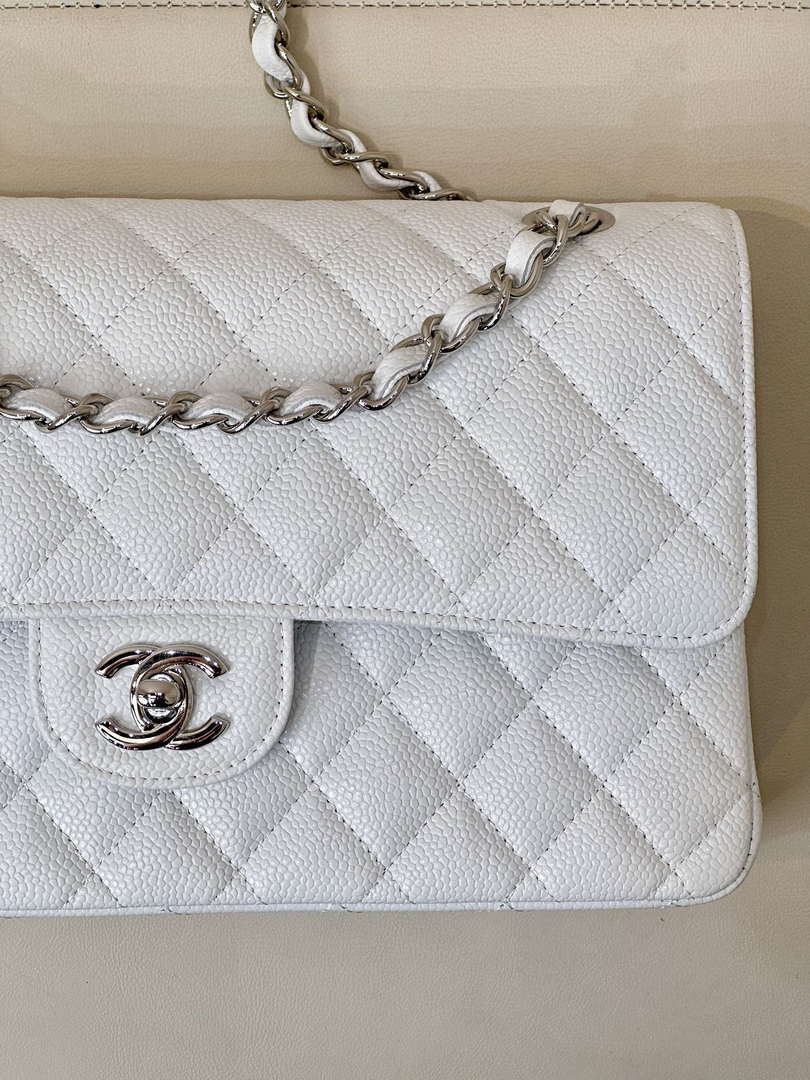 Chanel A01112 Flap Classic 11.12 Handbag Calfskin Silver Tone Metal White