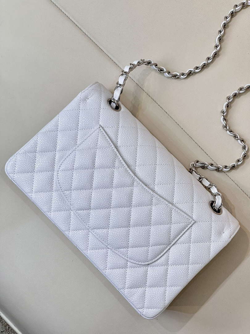 Chanel A01112 Flap Classic 11.12 Handbag Calfskin Silver Tone Metal White