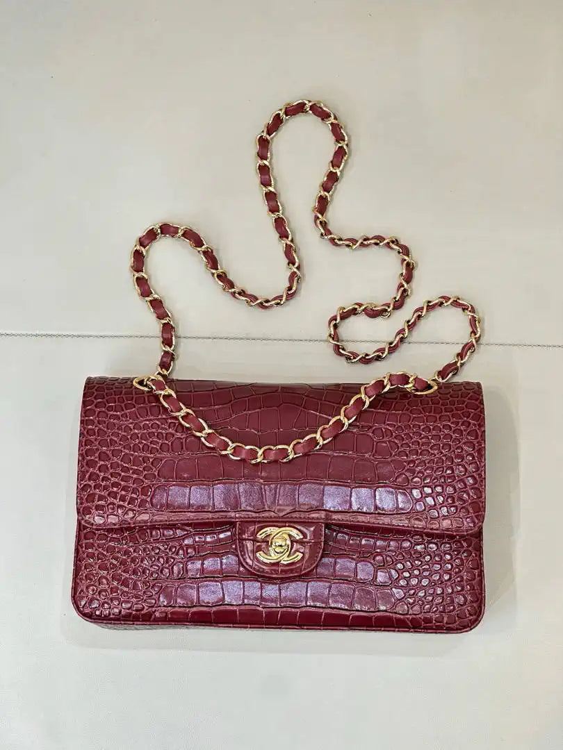 Chanel A01112 Flap Classic 11.12 Handbag  Crocodile Embossed Calfskin Wine Red