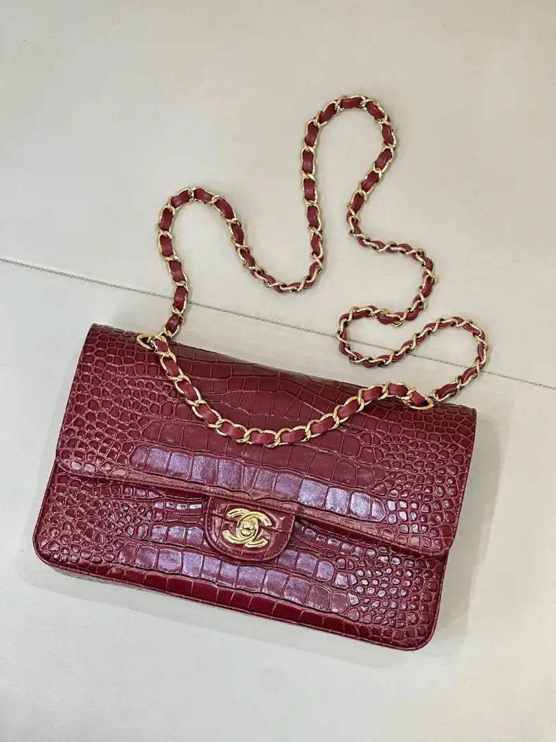 Chanel A01112 Flap Classic 11.12 Handbag  Crocodile Embossed Calfskin Wine Red