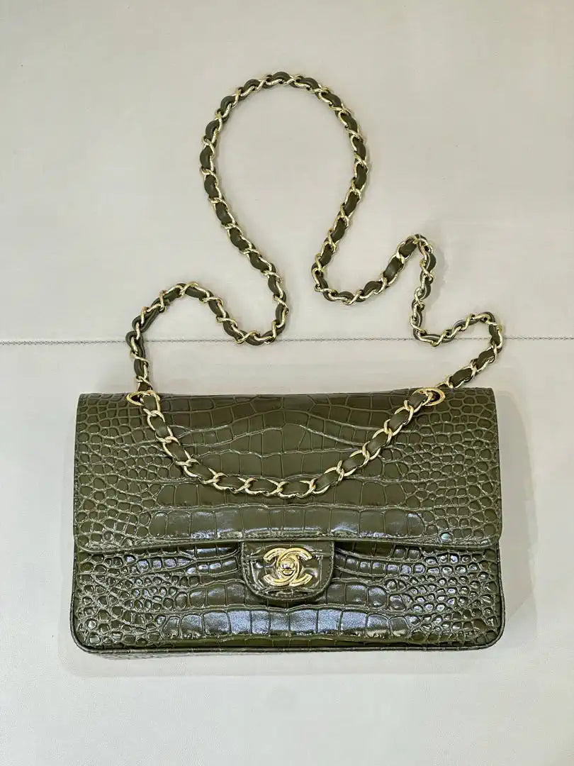 Chanel A01112 Flap Classic 11.12 Handbag  Crocodile Embossed Calfskin Dark Green