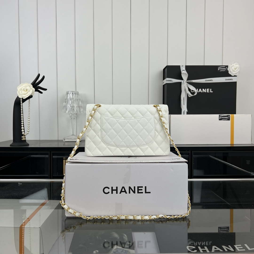 Chanel A01112 Flap Classic 11.12 Handbag Grained Calfskin & Gold-Tone Metal White