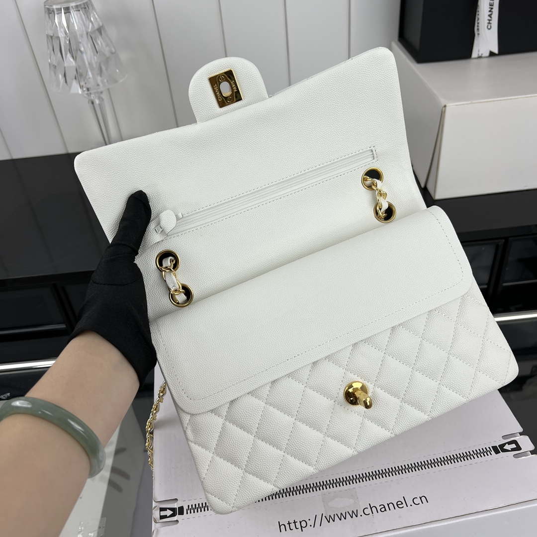 Chanel A01112 Flap Classic 11.12 Handbag Grained Calfskin & Gold-Tone Metal White