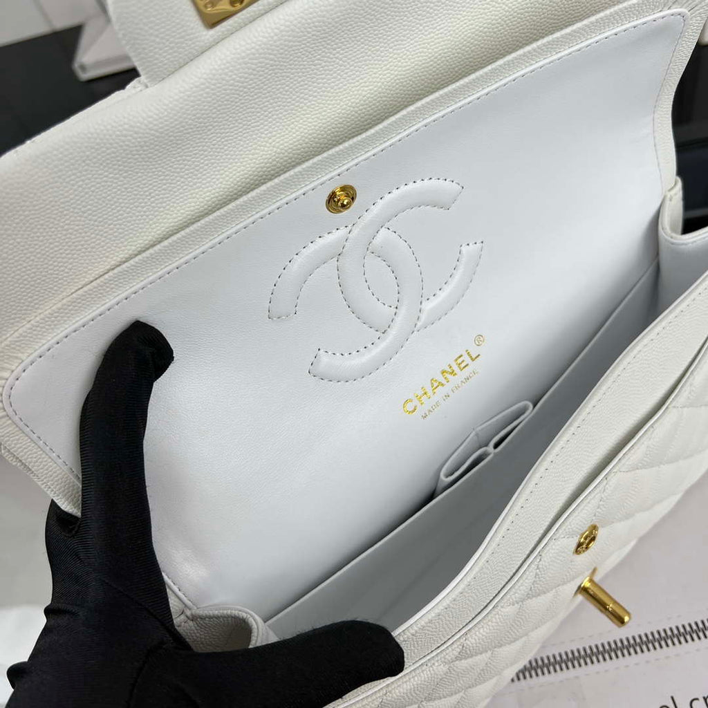 Chanel A01112 Flap Classic 11.12 Handbag Grained Calfskin & Gold-Tone Metal White