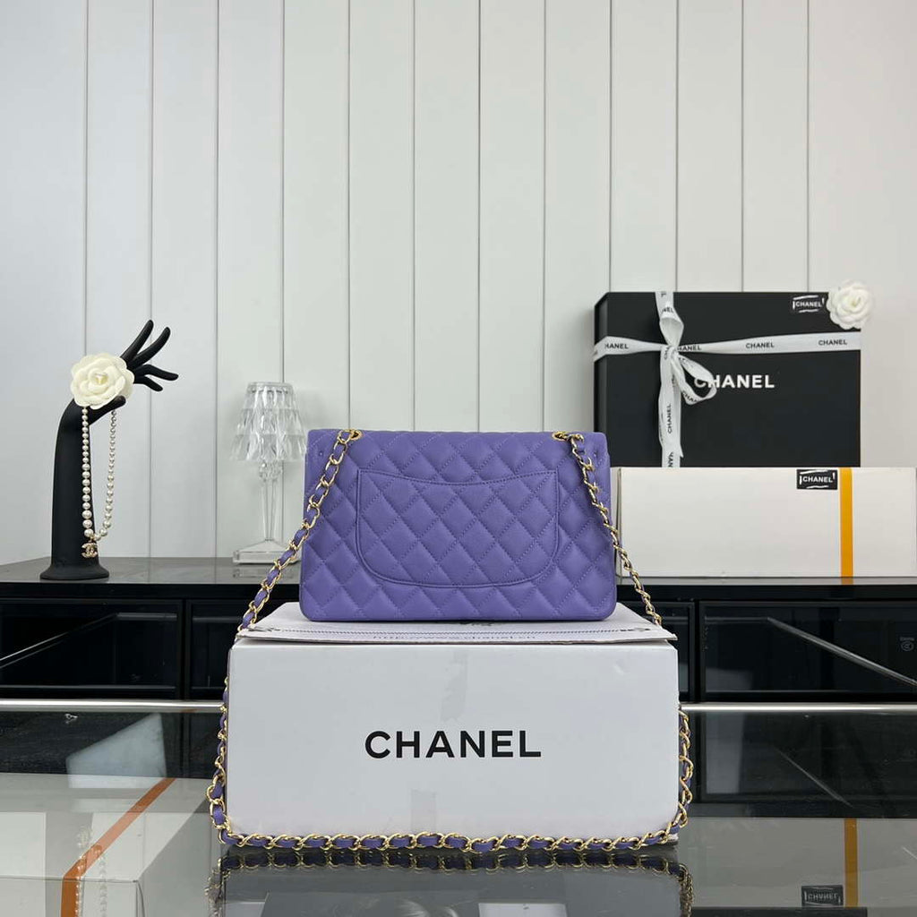 Chanel A01112 Flap Classic 11.12 Handbag Grained Calfskin & Gold-Tone Metal Purple