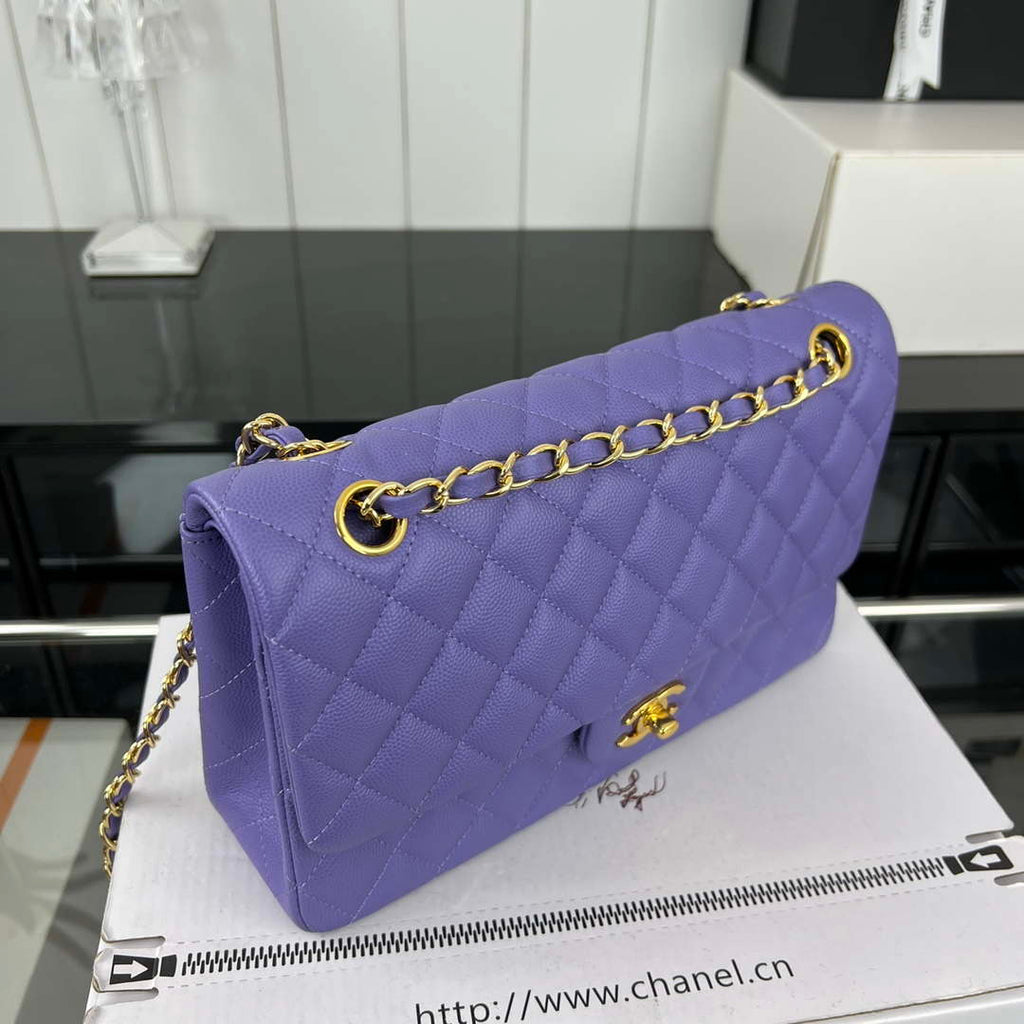Chanel A01112 Flap Classic 11.12 Handbag Grained Calfskin & Gold-Tone Metal Purple