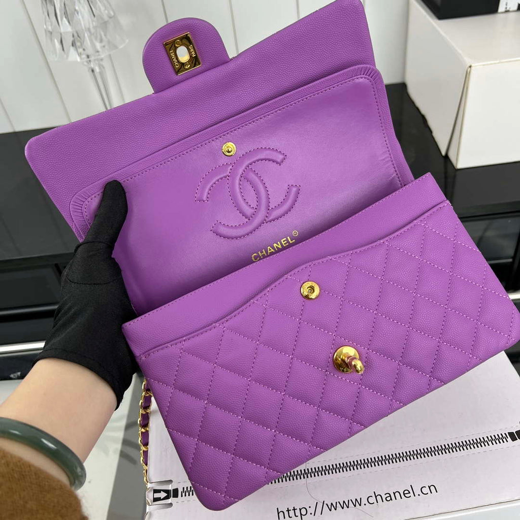Chanel A01112 Flap Classic 11.12 Handbag Grained Calfskin & Gold-Tone Metal Orchid
