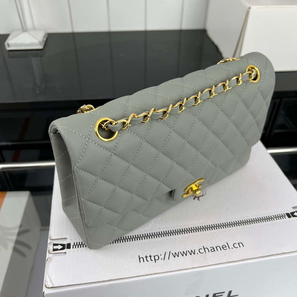 Chanel A01112 Flap Classic 11.12 Handbag Grained Calfskin & Gold-Tone Metal Gray