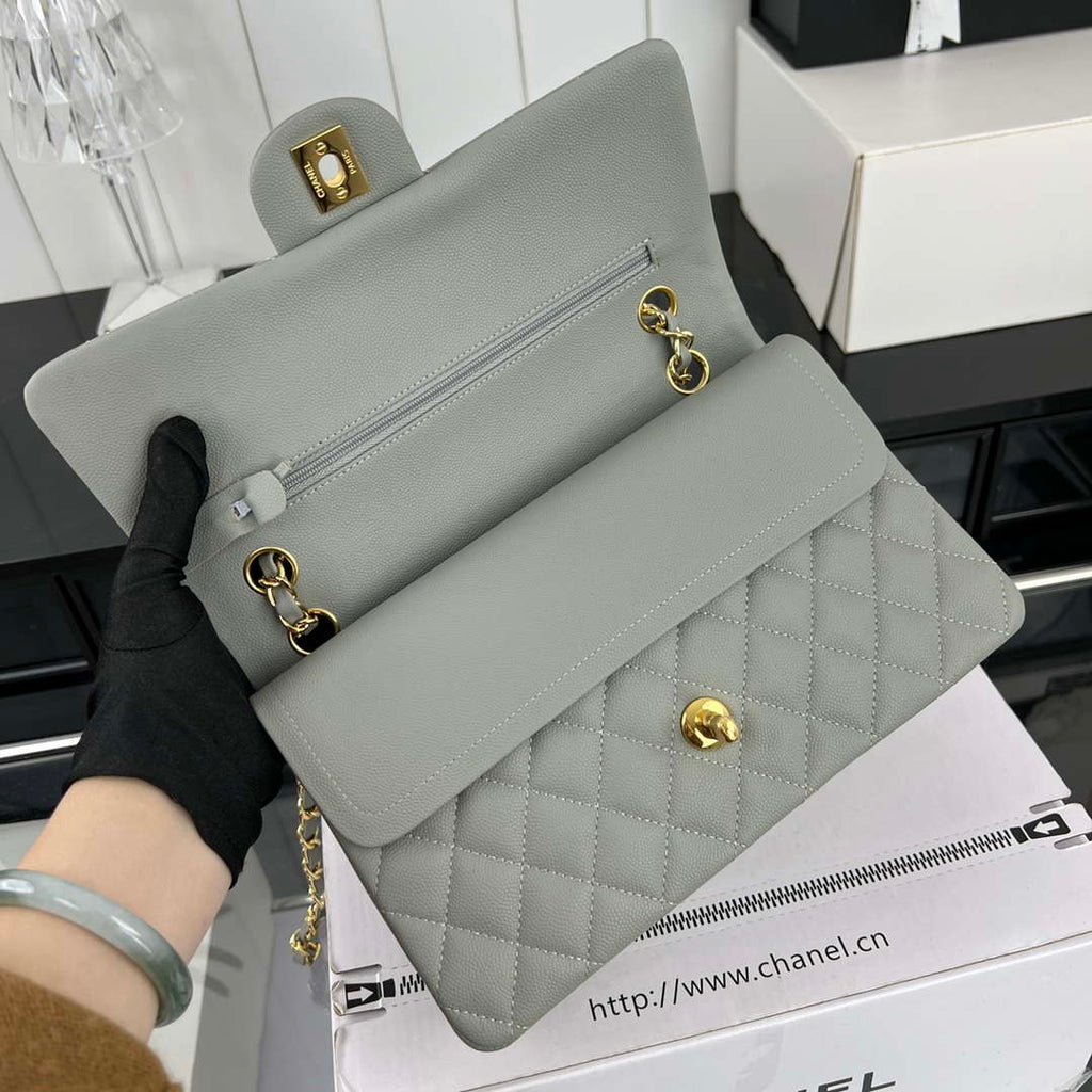 Chanel A01112 Flap Classic 11.12 Handbag Grained Calfskin & Gold-Tone Metal Gray