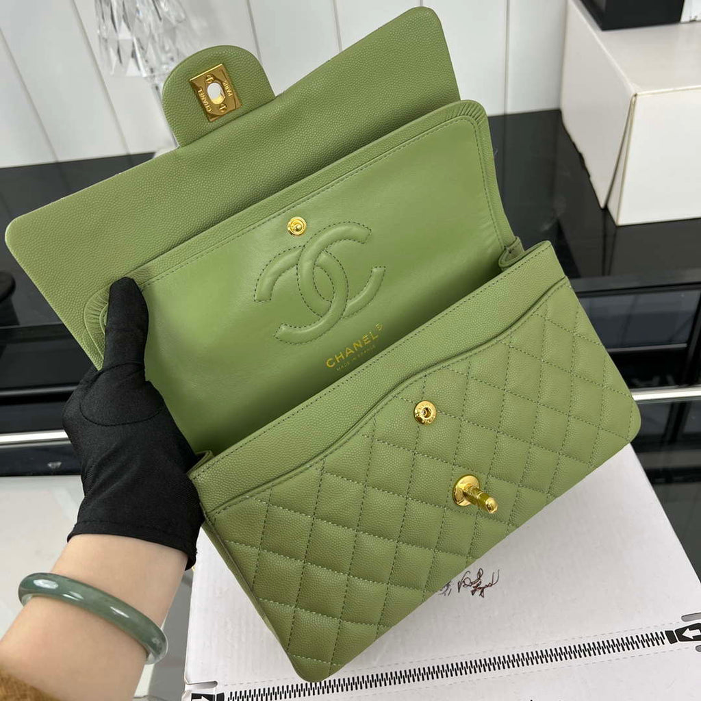Chanel A01112 Flap Classic 11.12 Handbag Grained Calfskin & Gold-Tone Metal Green