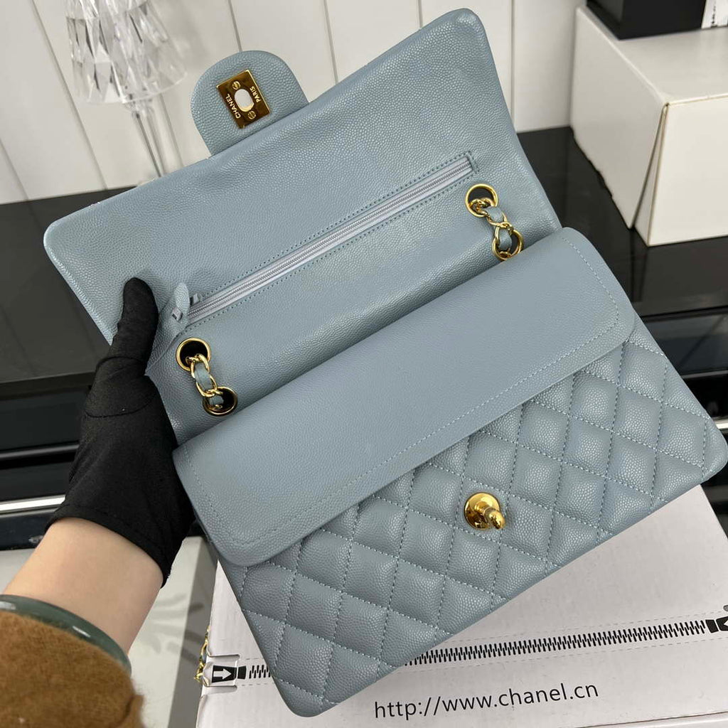 Chanel A01112 Flap Classic 11.12 Handbag Grained Calfskin & Gold-Tone Metal Baby Blue