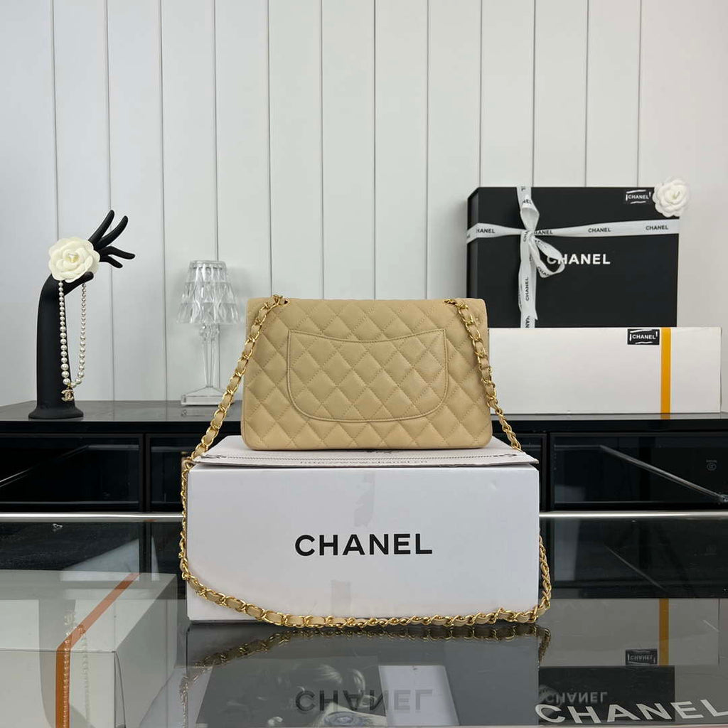 Chanel A01112 Flap Classic 11.12 Handbag Grained Calfskin & Gold-Tone Metal Apricot