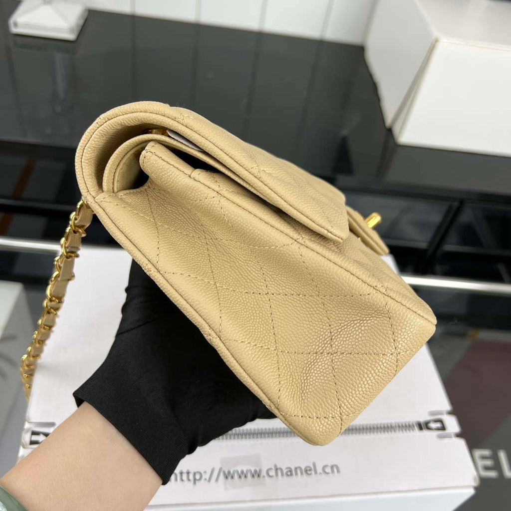 Chanel A01112 Flap Classic 11.12 Handbag Grained Calfskin & Gold-Tone Metal Apricot