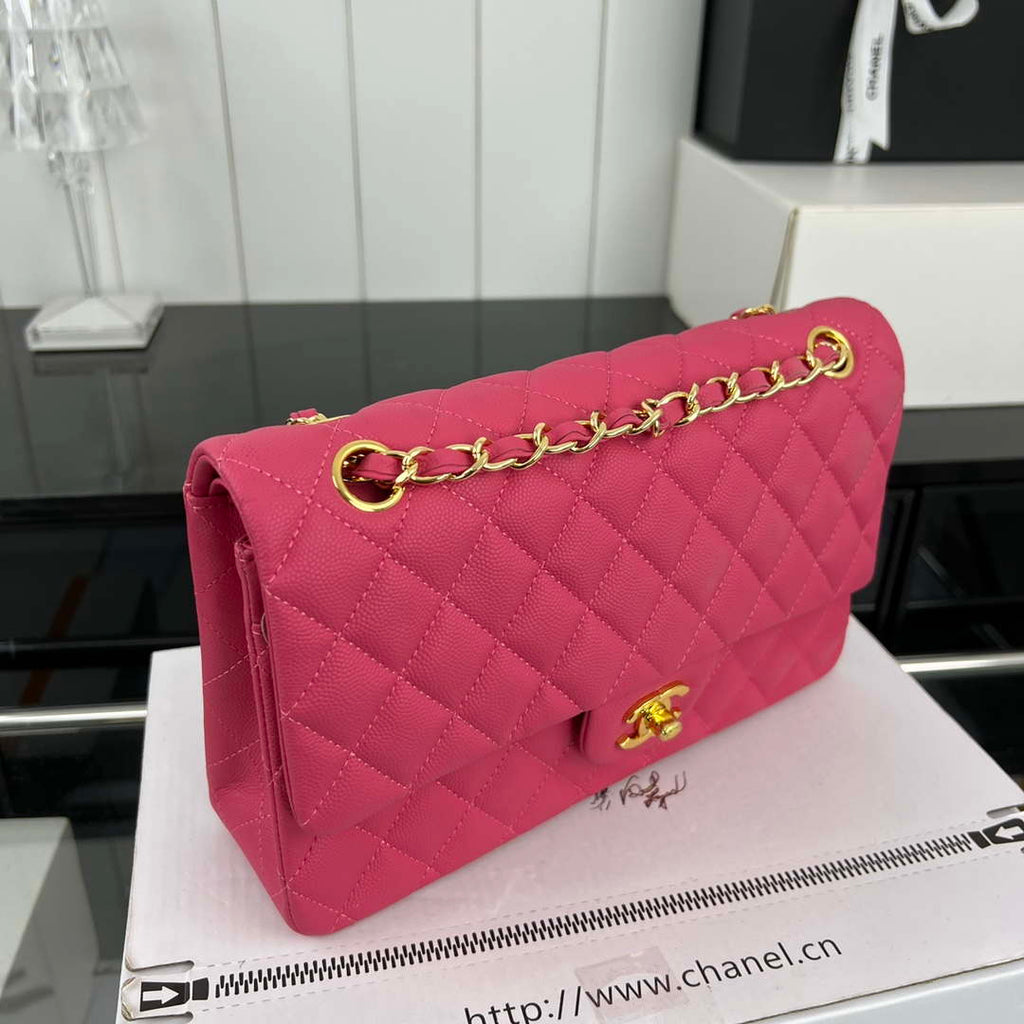 Chanel A01112 Flap Classic 11.12 Handbag Grained Calfskin & Gold-Tone Metal Rose red