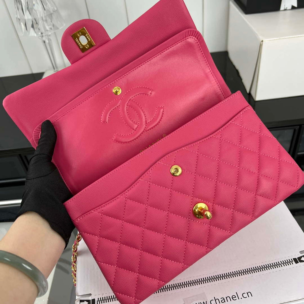 Chanel A01112 Flap Classic 11.12 Handbag Grained Calfskin & Gold-Tone Metal Rose red