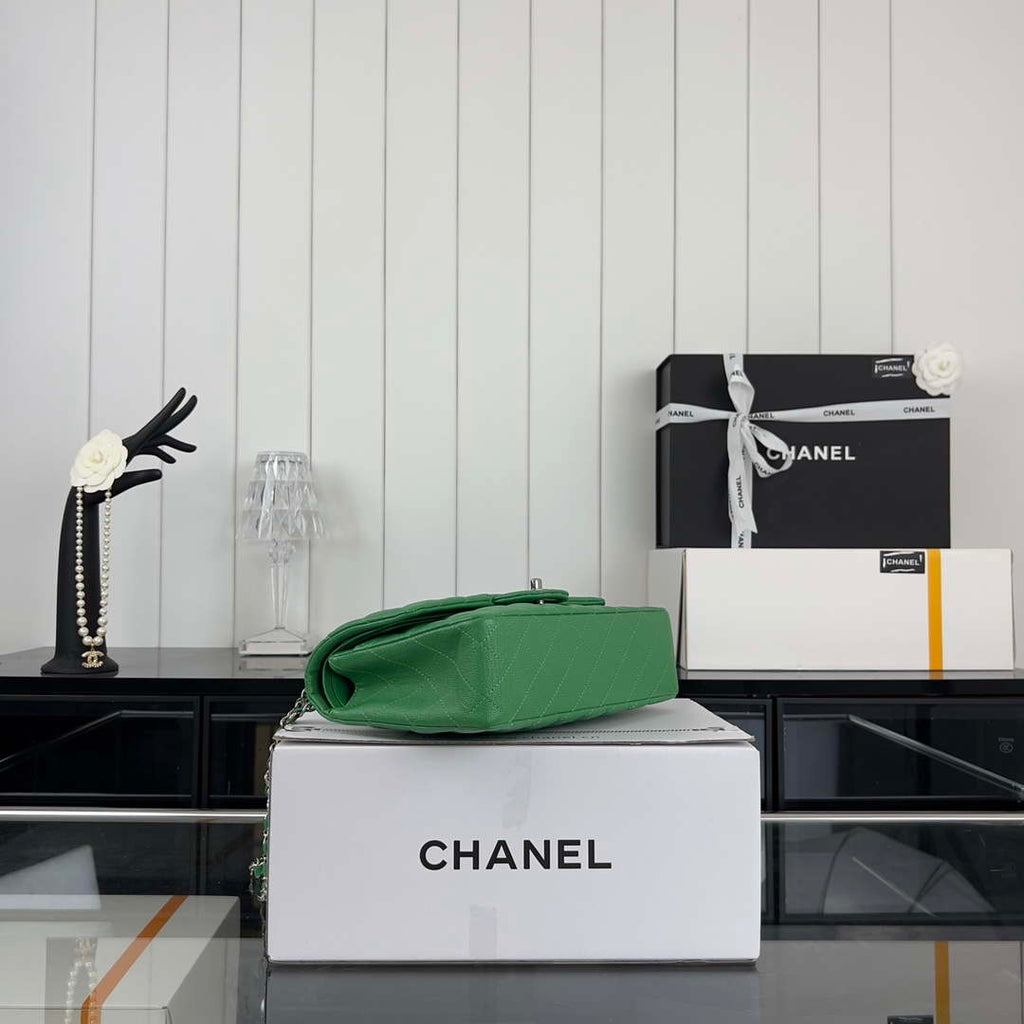 Chanel A01112 Flap Classic 11.12 Handbag Grained Calfskin & Silver-Tone Metal Kelly Green