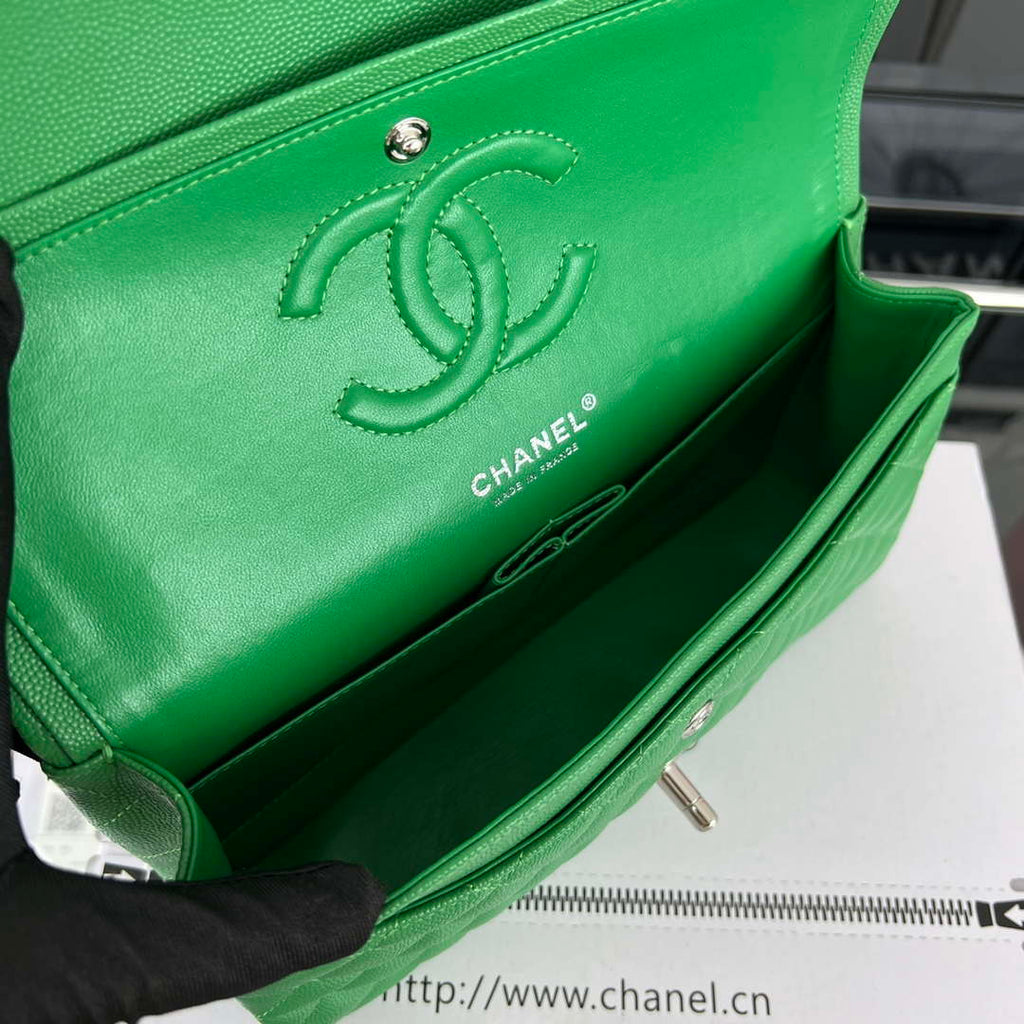 Chanel A01112 Flap Classic 11.12 Handbag Grained Calfskin & Silver-Tone Metal Kelly Green