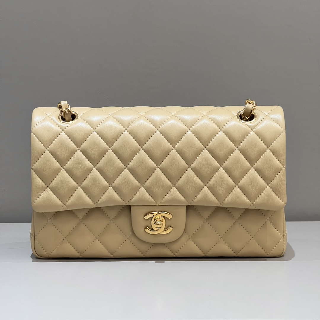 Chanel A01112 Flap Classic 11.12 Handbag Haas Lambskin & Gold-Tone Metal Apricot