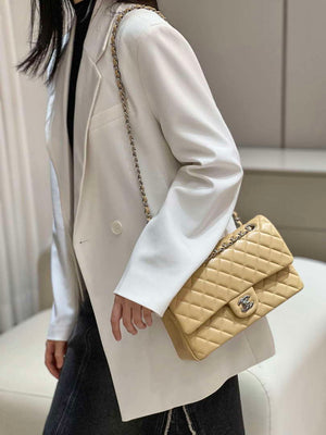Chanel A01112 Flap Classic 11.12 Handbag Haas Lambskin & Gold-Tone Metal Apricot - Light Gold - View 19