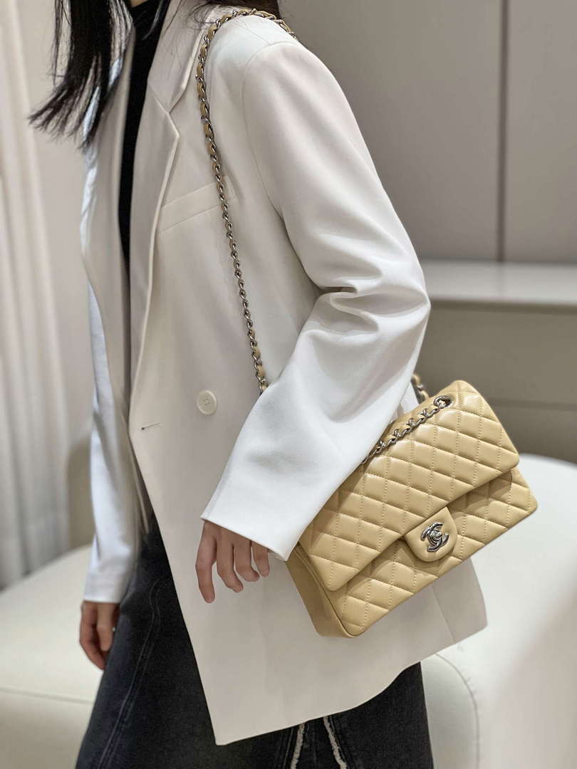 Chanel A01112 Flap Classic 11.12 Handbag Haas Lambskin & Gold-Tone Metal Apricot - Light Gold - View 19