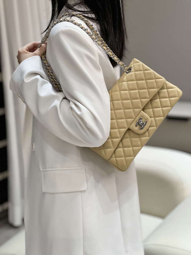 Chanel A01112 Flap Classic 11.12 Handbag Haas Lambskin & Gold-Tone Metal Apricot