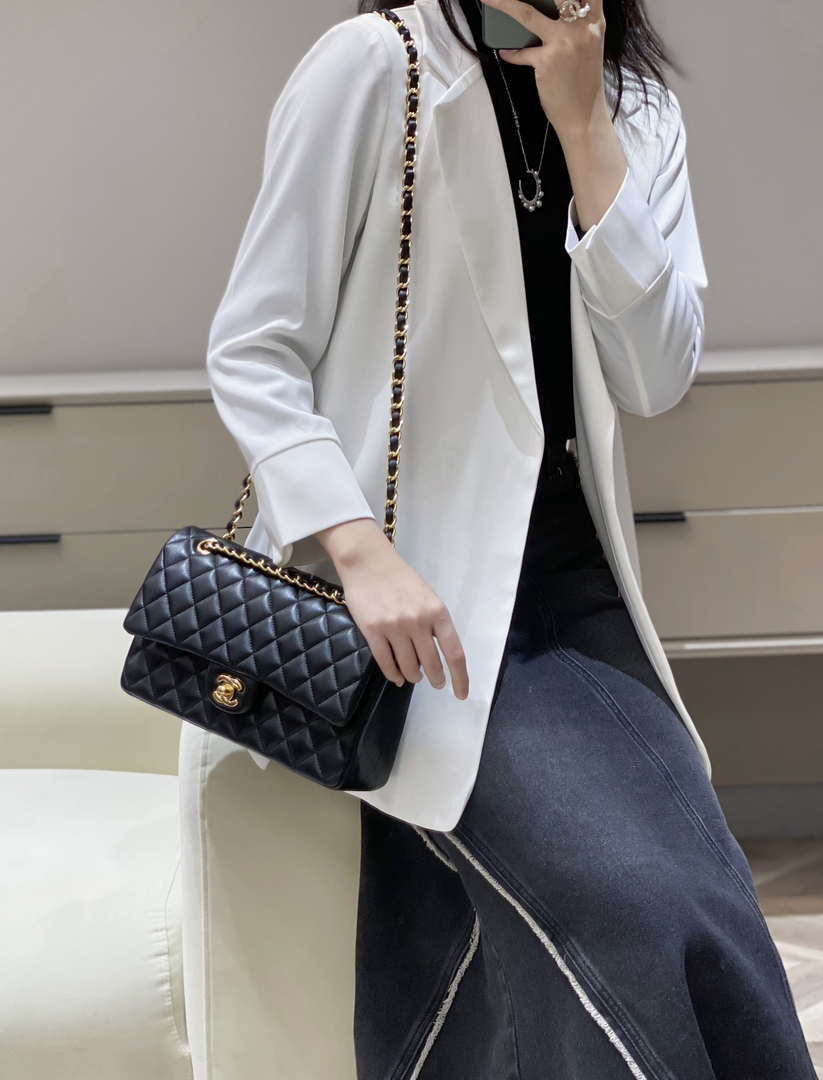 Chanel A01112 Flap Classic 11.12 Handbag Haas Lambskin & Gold-Tone Metal Black