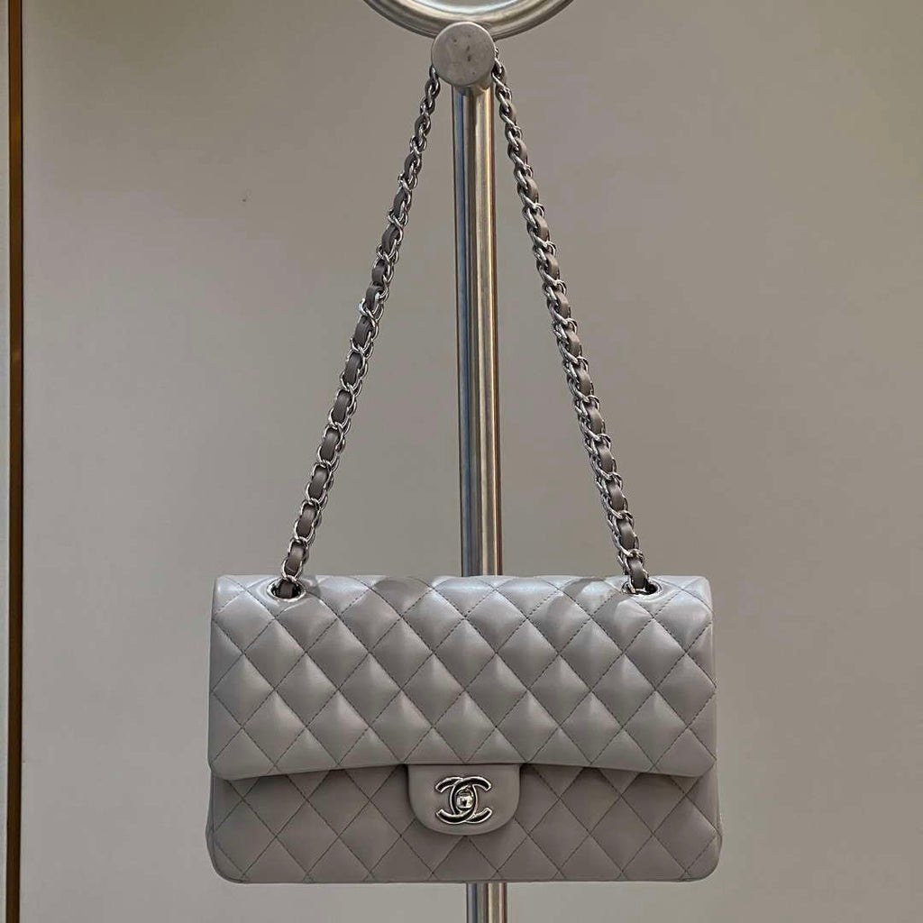 Chanel A01112 Flap Classic 11.12 Handbag Haas Lambskin & Gold-Tone Metal Light Gray