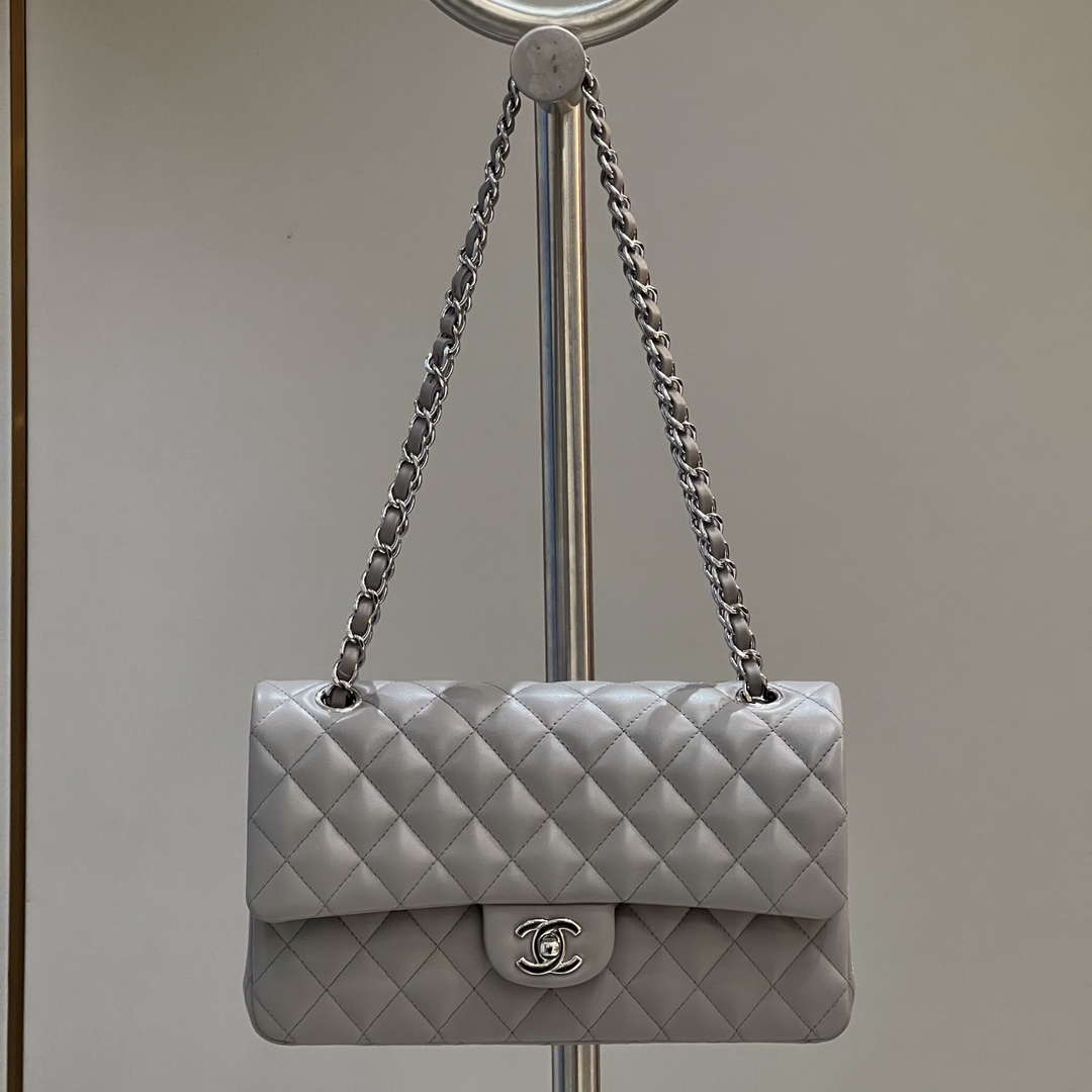 Chanel A01112 Flap Classic 11.12 Handbag Haas Lambskin & Gold-Tone Metal Light Gray