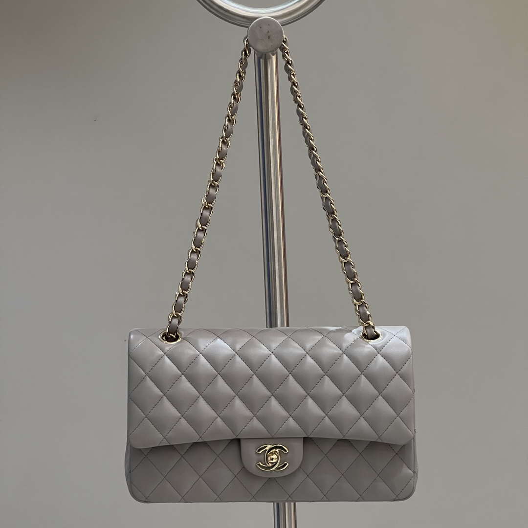 Chanel A01112 Flap Classic 11.12 Handbag Haas Lambskin & Gold-Tone Metal Light Gray