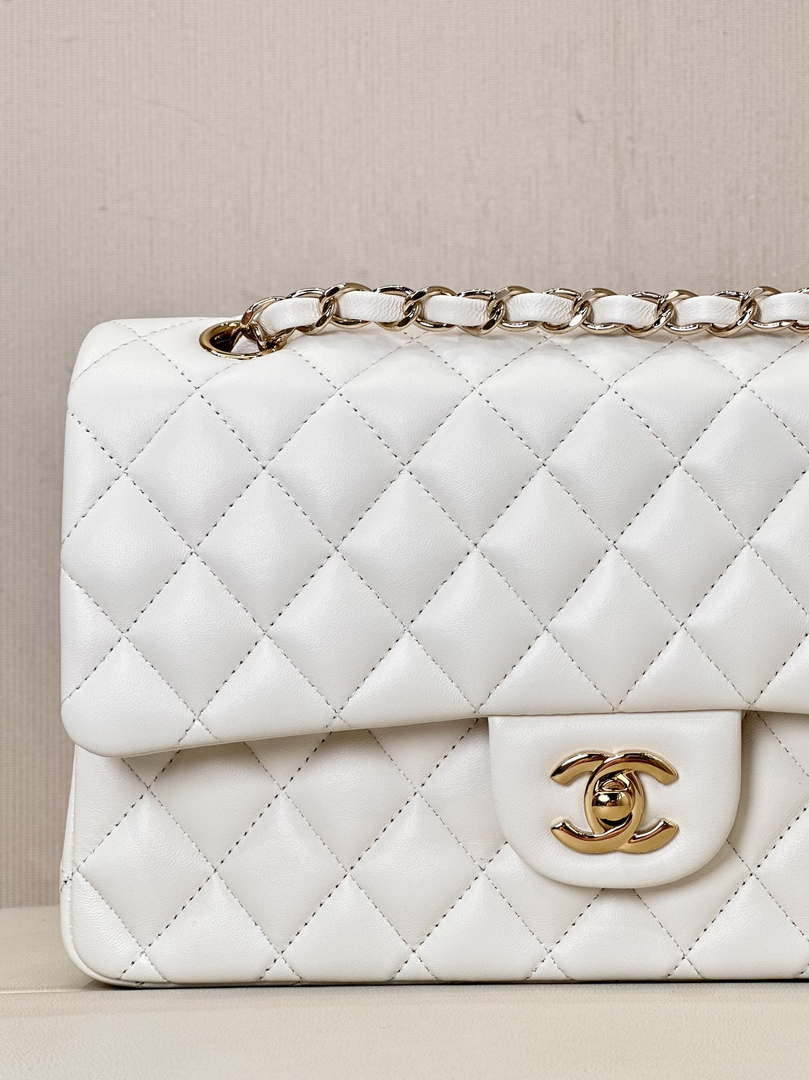 Chanel A01112 Flap Classic 11.12 Handbag Lambskin & Gold-Tone Metal White