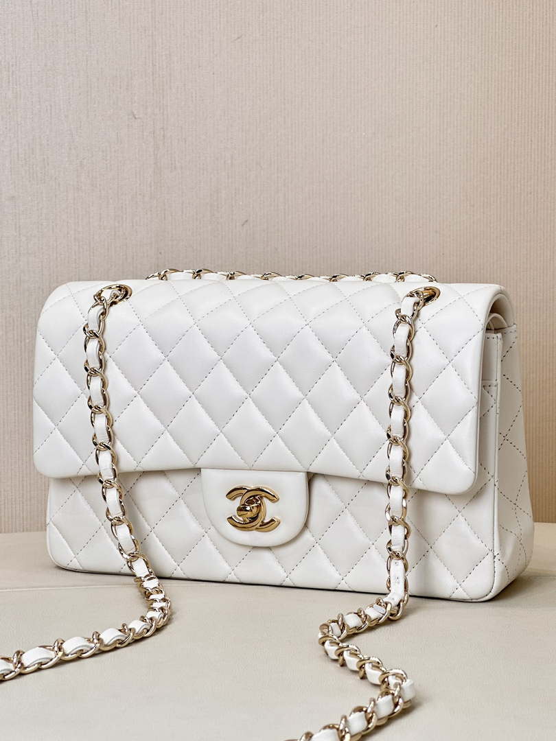 Chanel A01112 Flap Classic 11.12 Handbag Lambskin & Gold-Tone Metal White