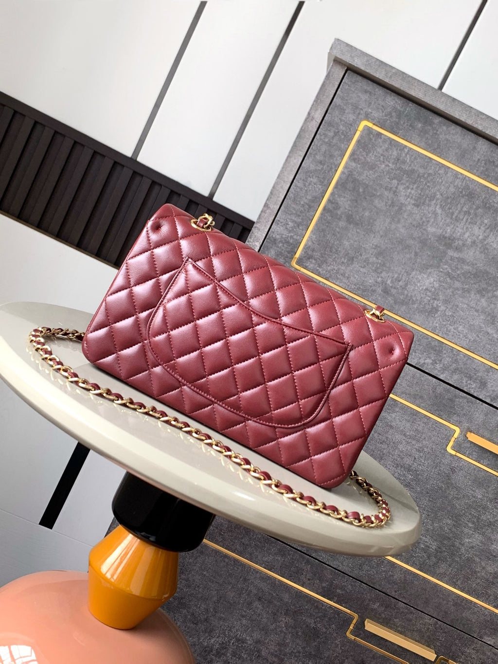 Chanel A01112 Flap Classic 11.12 Handbag Lambskin & Gold-Tone Metal Wine Red