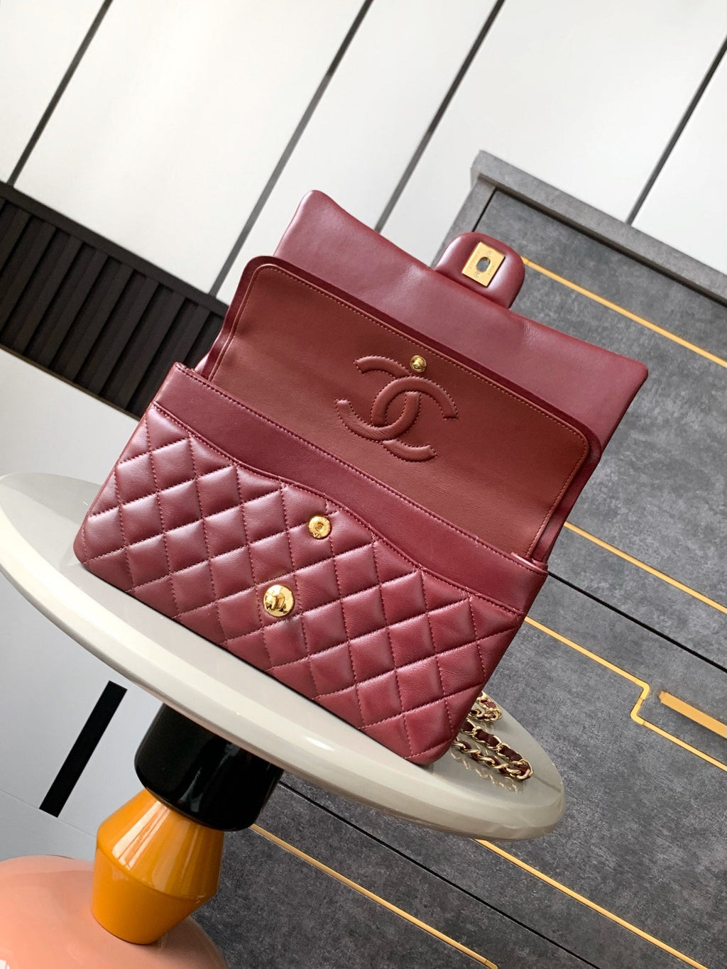 Chanel A01112 Flap Classic 11.12 Handbag Lambskin & Gold-Tone Metal Wine Red