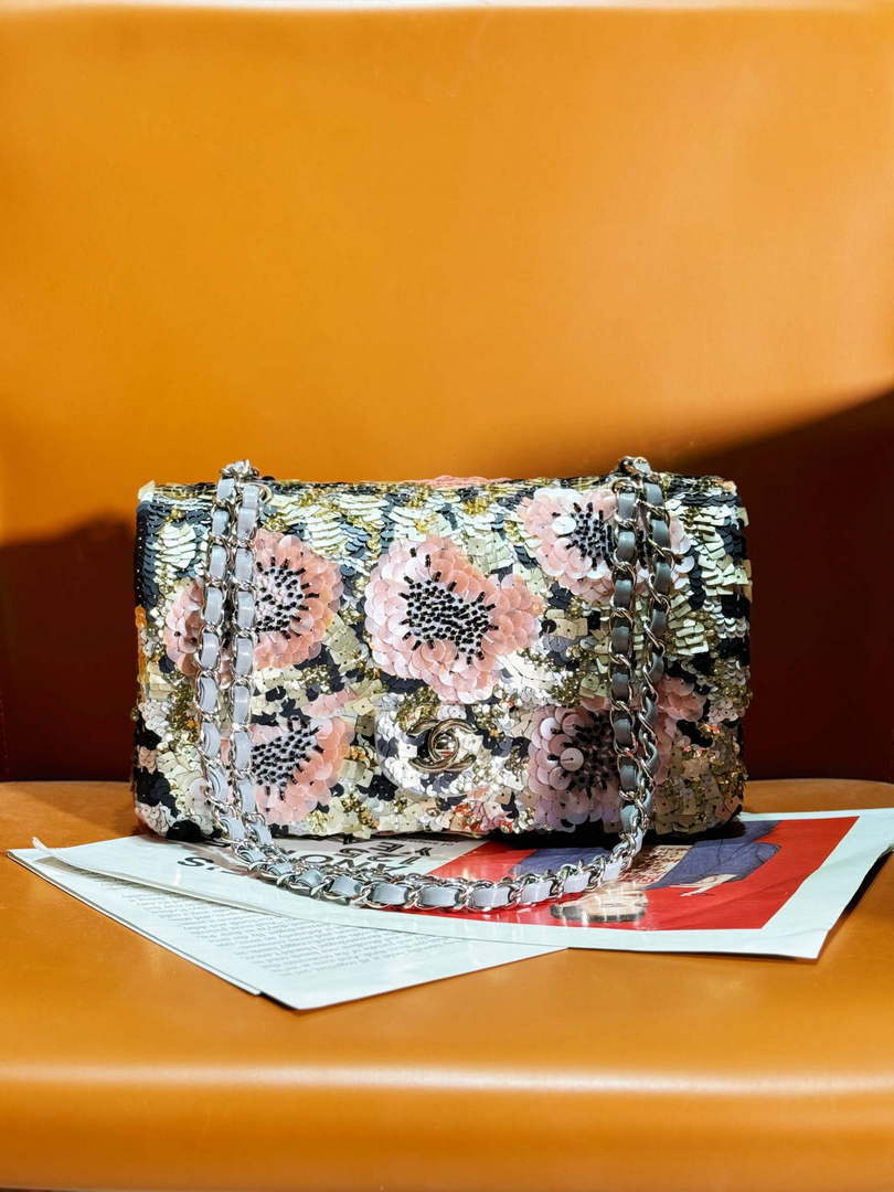 Chanel A01112 Flap Classic 11.12 Handbag Lambskin & Silver-Tone Sequins and glass pearls