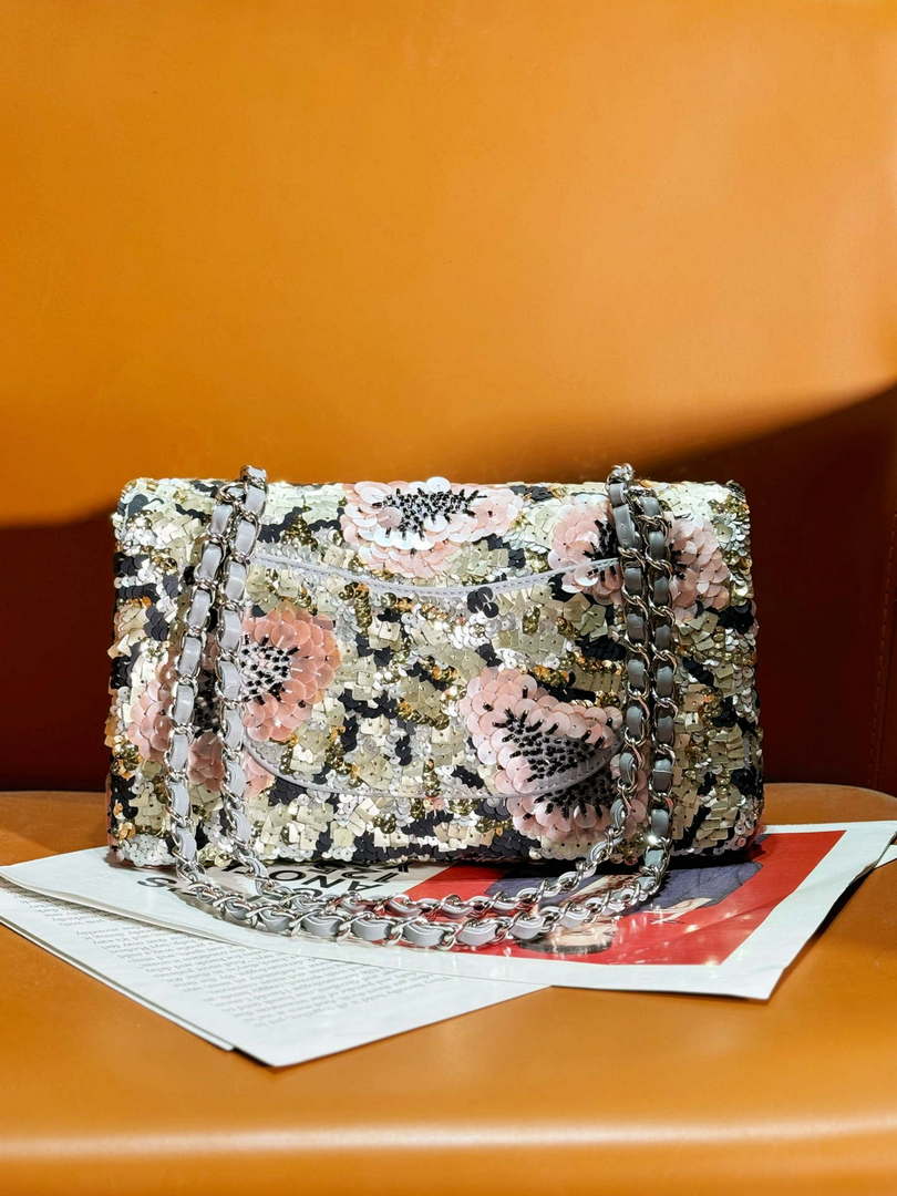Chanel A01112 Flap Classic 11.12 Handbag Lambskin & Silver-Tone Sequins and glass pearls