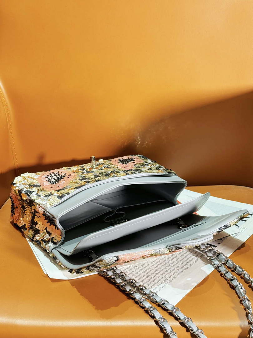 Chanel A01112 Flap Classic 11.12 Handbag Lambskin & Silver-Tone Sequins and glass pearls