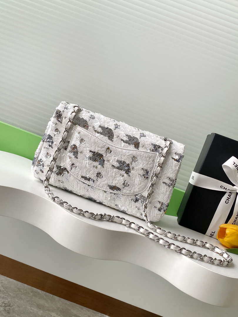 Chanel A01112 Flap Classic 11.12 Handbag Silver and sequined beads