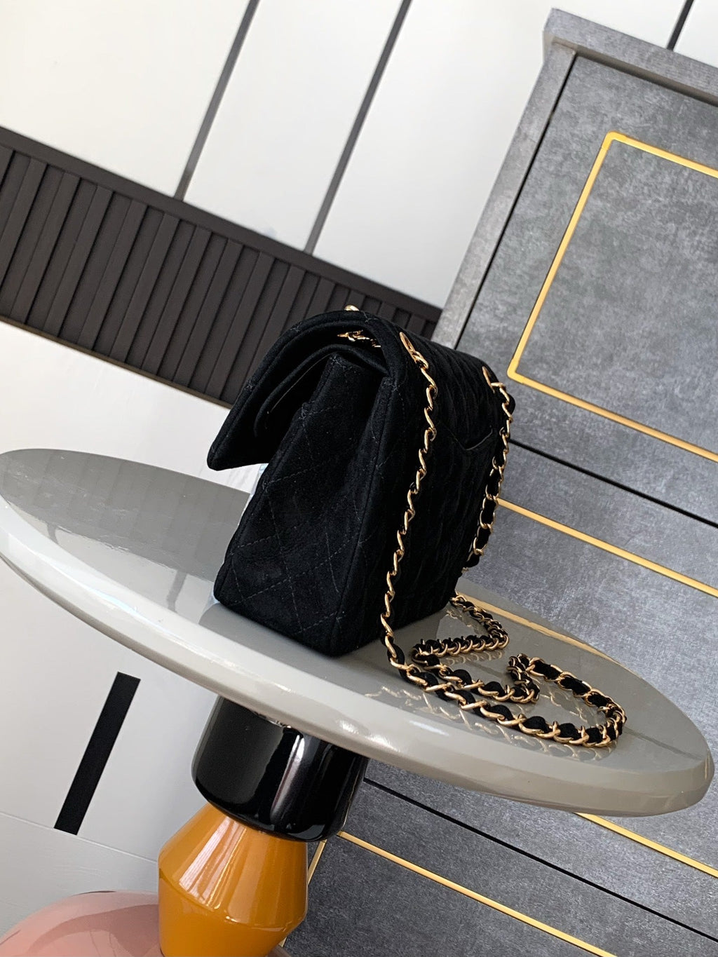 Chanel A01112 Flap Classic 11.12 Handbag Suede leather & Gold-Tone Metal Black