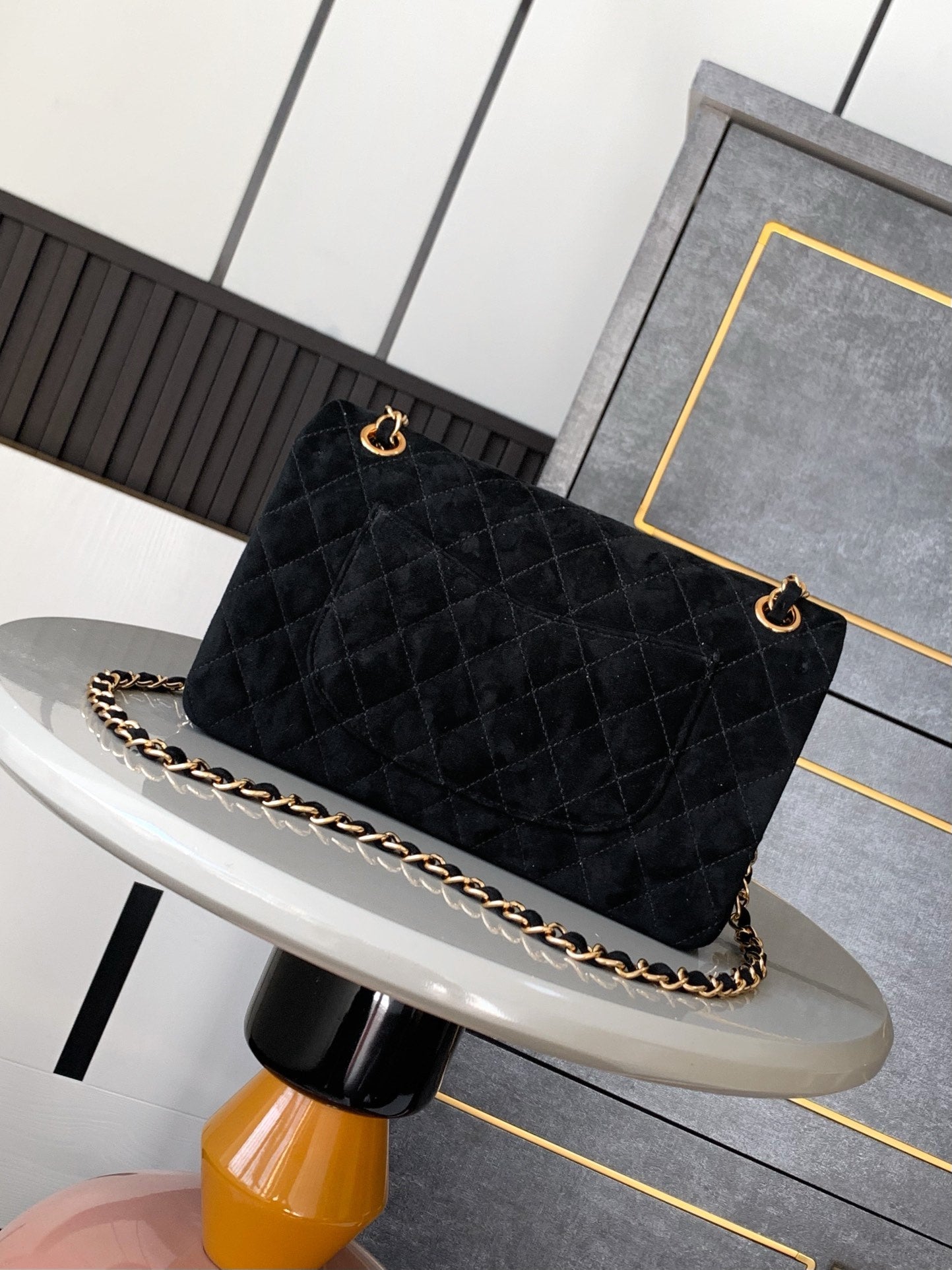 Chanel A01112 Flap Classic 11.12 Handbag Suede leather & Gold-Tone Metal Black