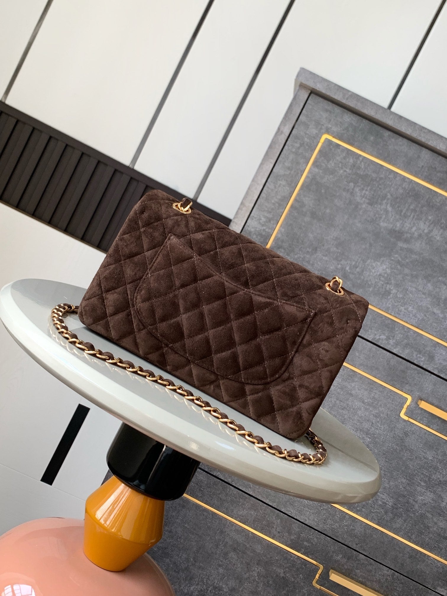 Chanel A01112 Flap Classic 11.12 Handbag Suede leather & Gold-Tone Metal Dark Brown